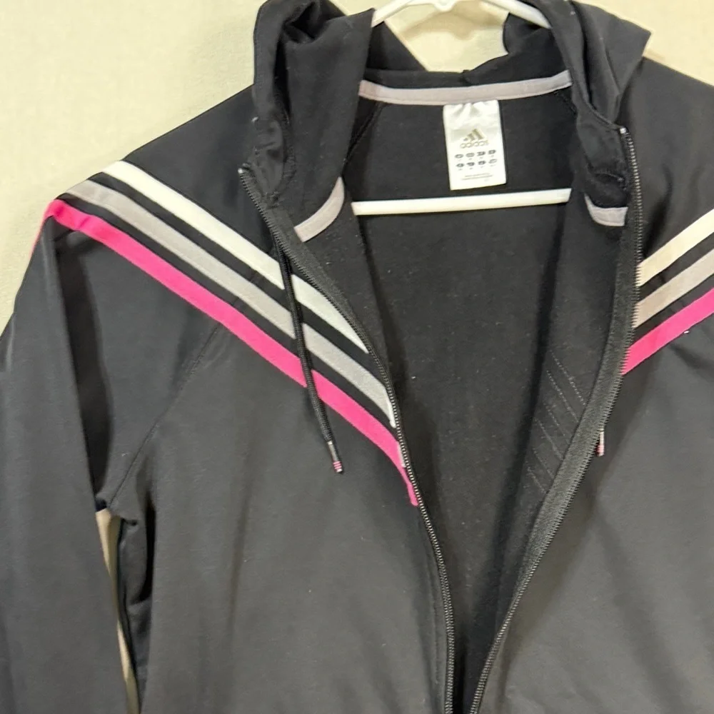 Adidas Kids Jacket in Black with Pink and White Stripes